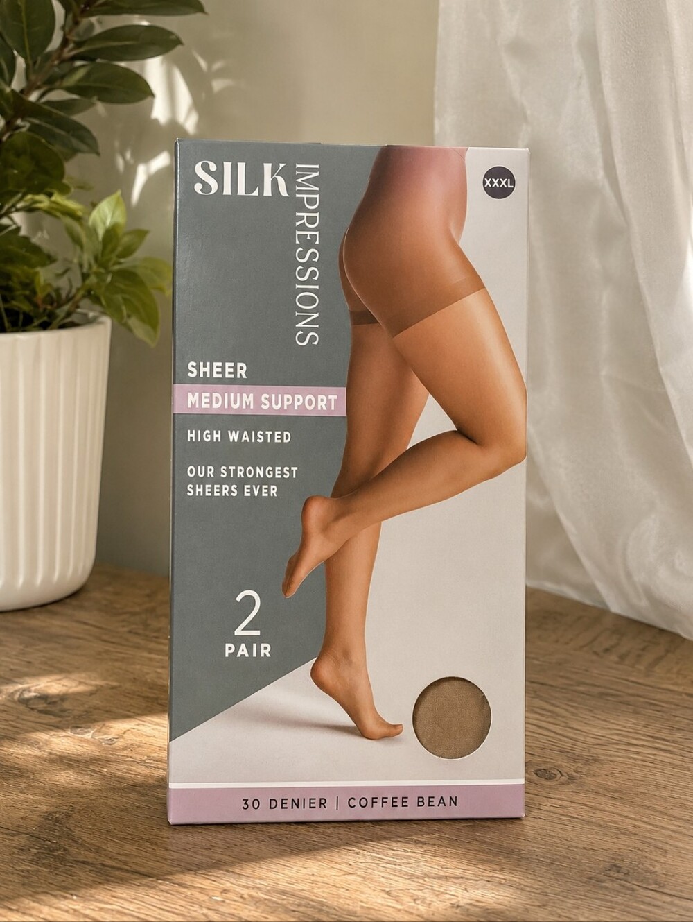 2 Pair Silk Impressions Sheer Medium Support Pantyhose Coffee Bean XXXL
